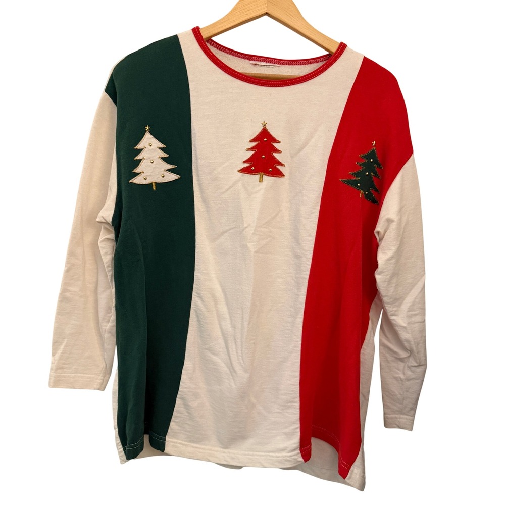 Unbranded Christmas Tree Sweatshirt Womens XL White Red Green Excellent Vintage